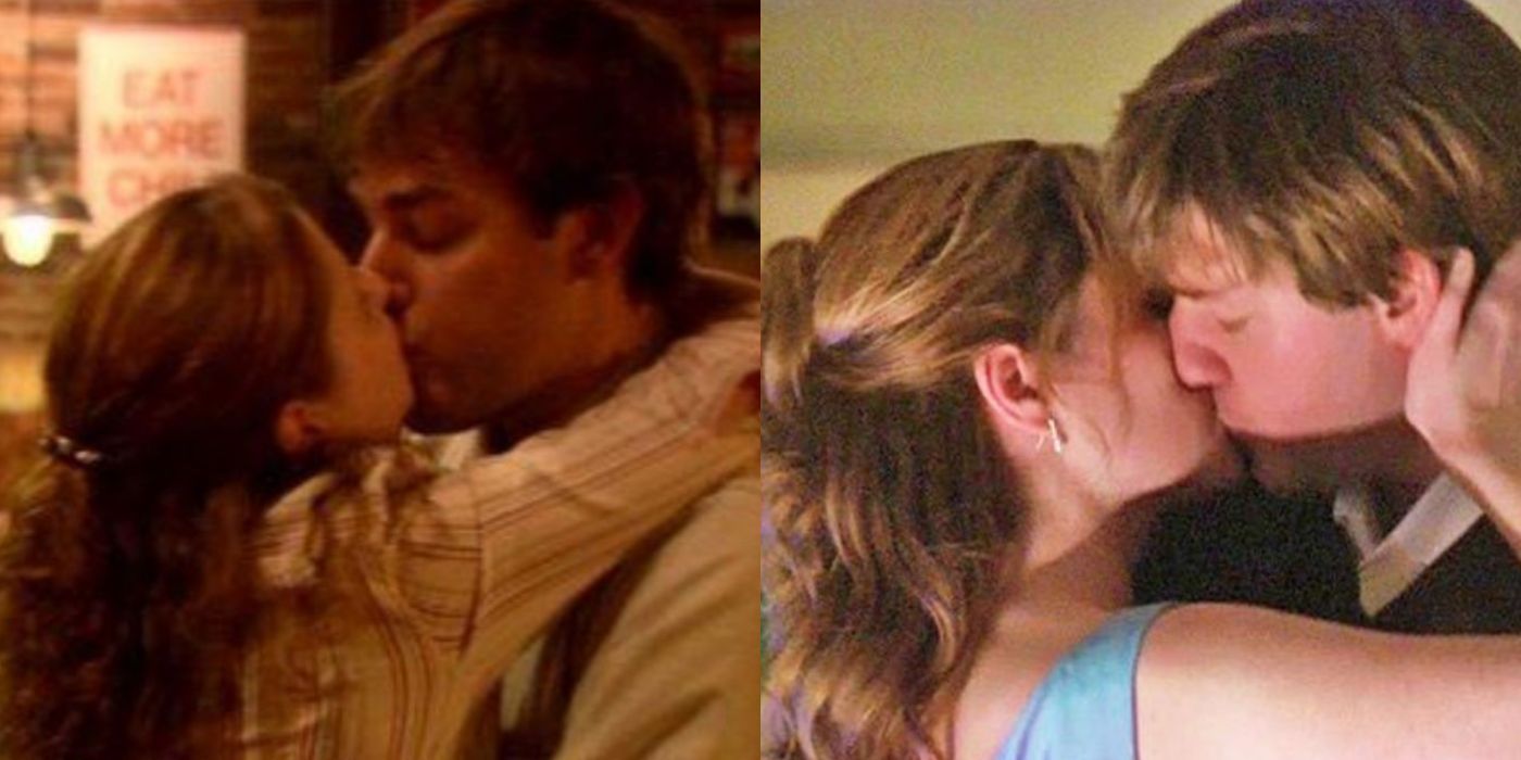 Gambar split Jim dan Pam berciuman dalam dua adegan dari The Office
