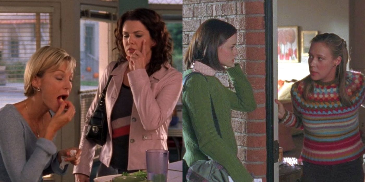 A split image of Lorelai talking to Nicole at the diner and Rory talking to Paris at the dorms on Gilmore Girls