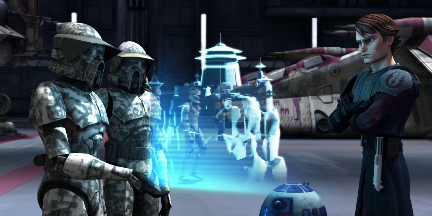 ARF Troopers show Anakin Skywalker and R2-D2 a hologram of a monastery on Teth in Star Wars: The Clone Wars.