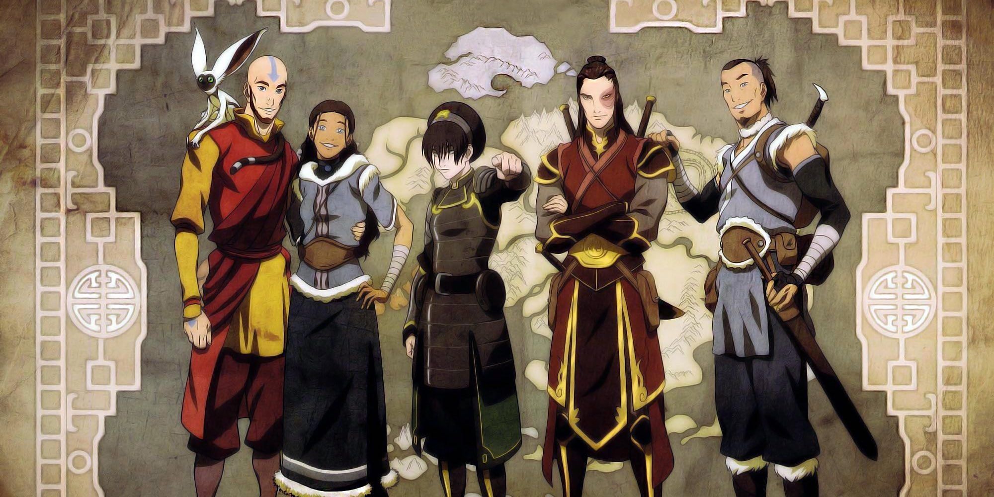 Aang, Katara, Toph, Zuko e Sokka adultos de Avatar, o Último Mestre do Ar
