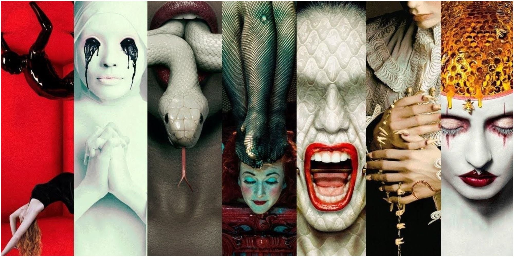 A collage of all seasons of American Horror Story, from Murder House to Cult