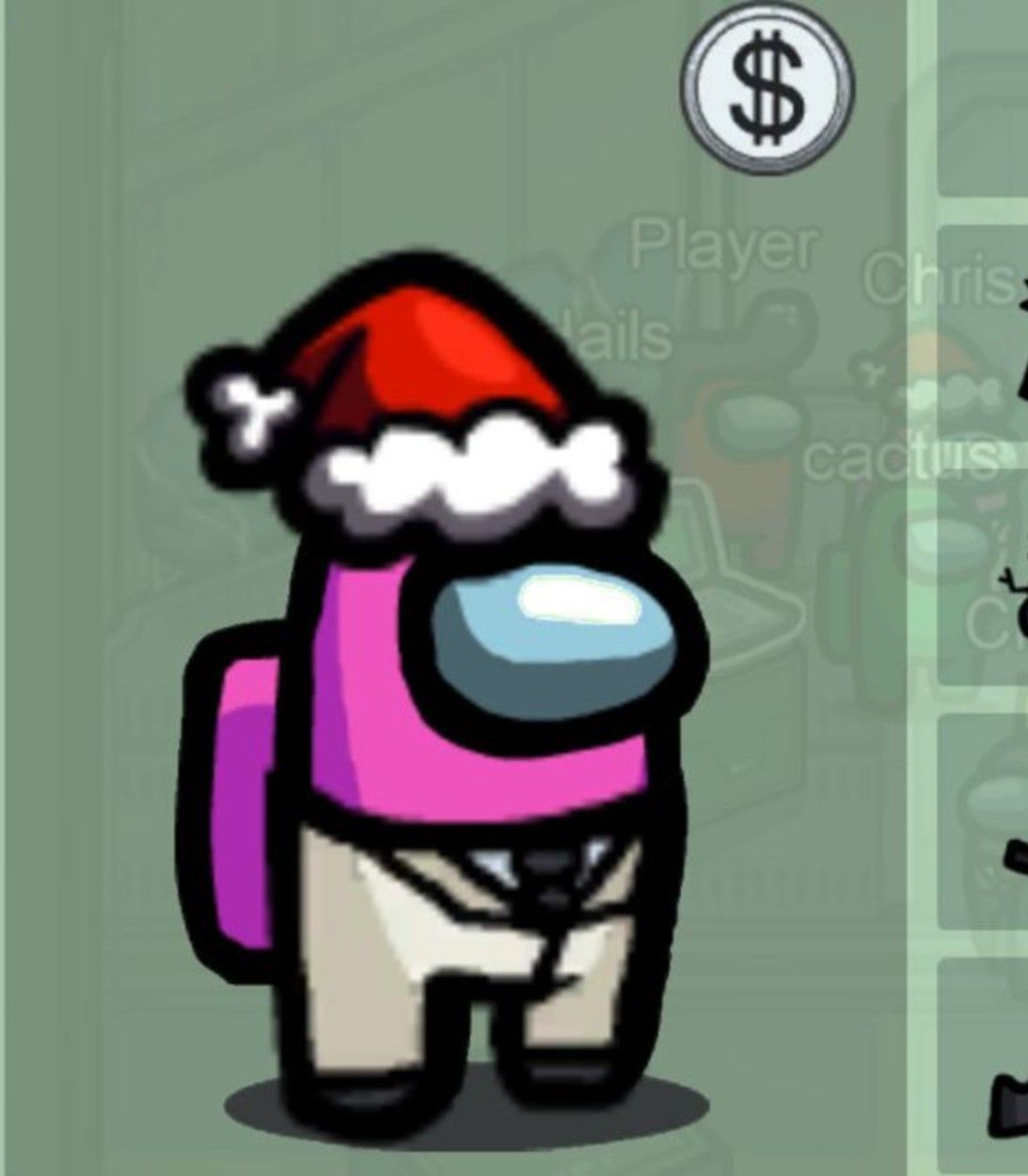 A player customizes their character in Among Us with a Santa hat at the laptop in the waiting area
