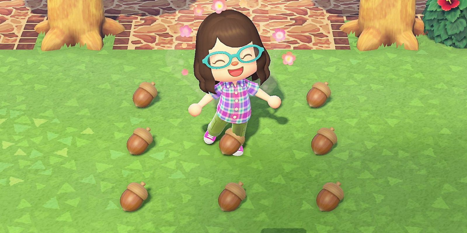 A villager surrounded by acorns in Animal Crossing New Horizons