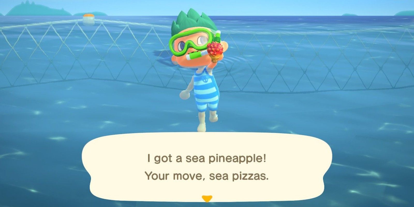 A player catches a sea pineapple by diving in Animal Crossing: New Horizons