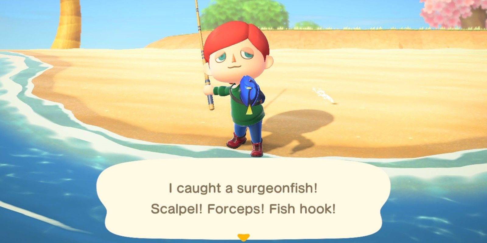 Игрок ловит рыбу-хирурга на берегу острова в Animal Crossing: New Horizons