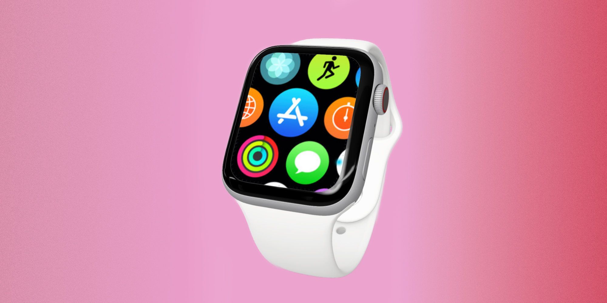 Apple Watch mit vergrößerter Ansicht des Apps-Menüs auf hellem Hintergrund