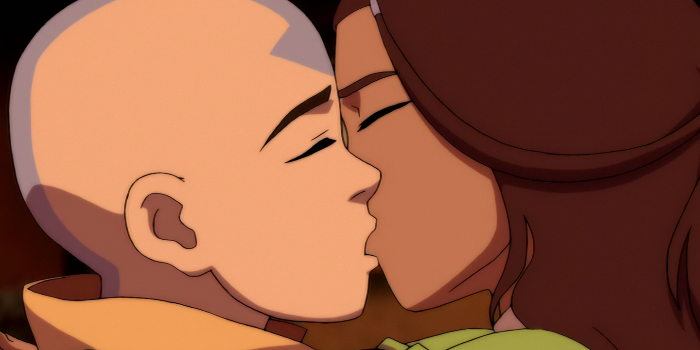 Aang and Katara kiss in Avatar The Last Airbender