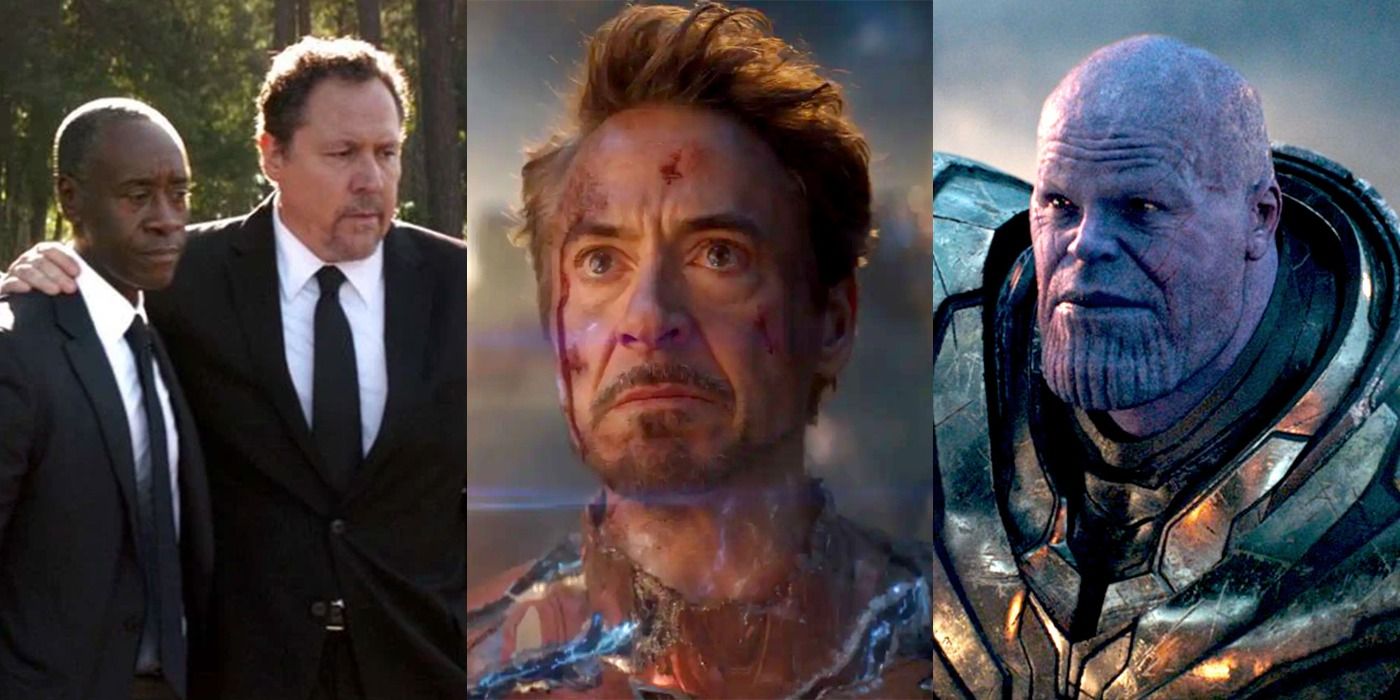 A split image features Rhodey and Happy at Tony's funeral, Tony Stark at the end of his battle with Thanos, and Thanos in his armor in Avengers: Endgame
