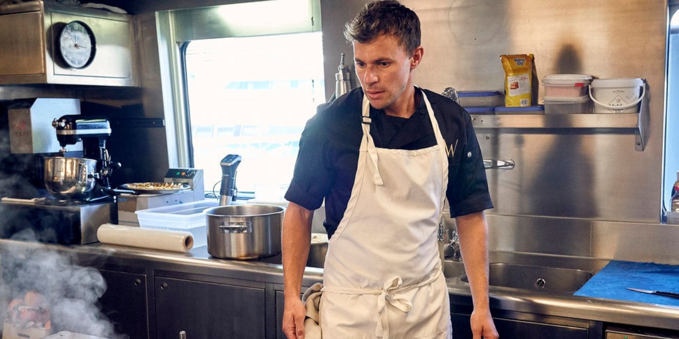 Tom in the kitchen about to cook on Below Deck Med