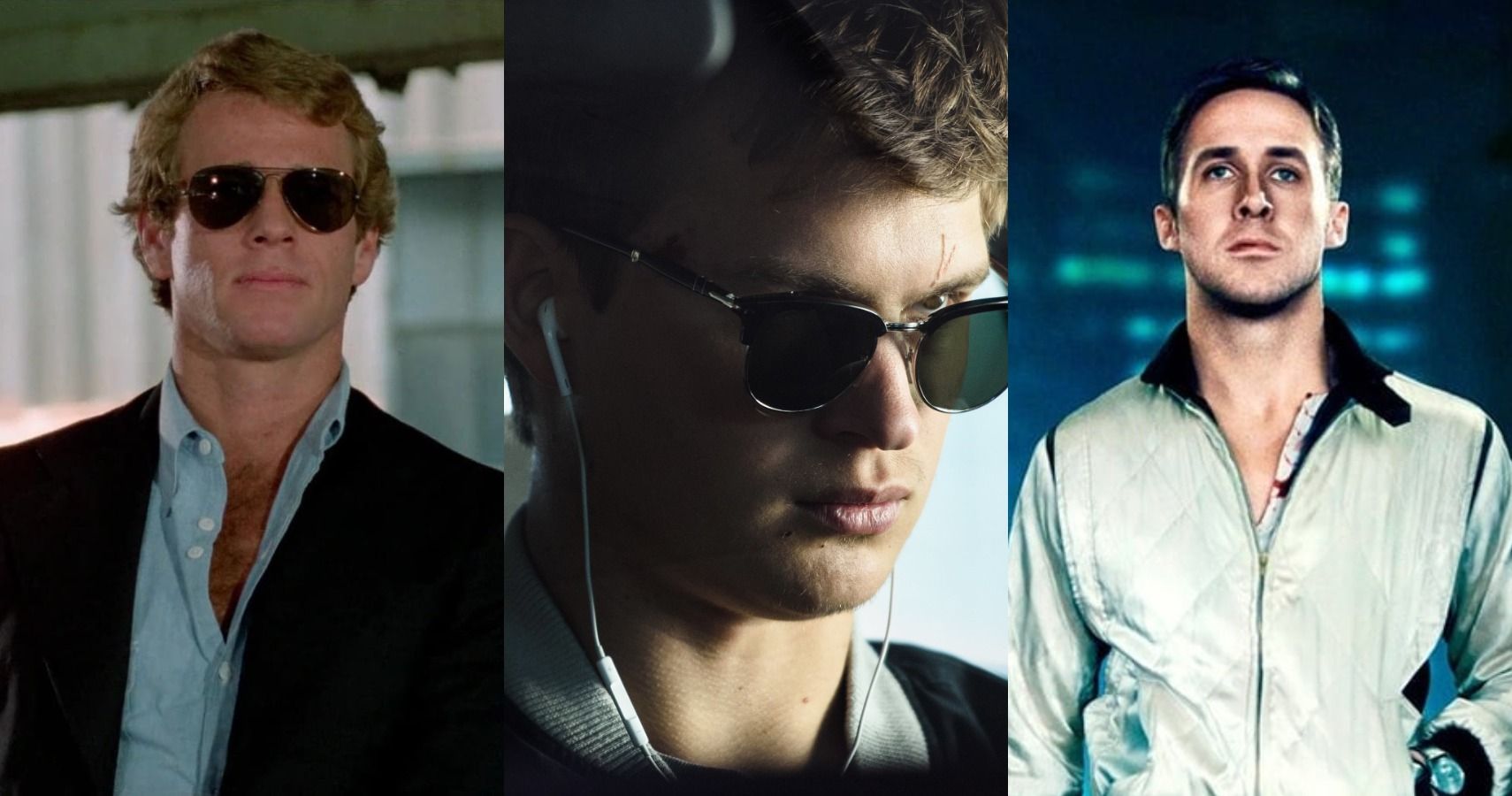 A collage composing of Ryan O'Neal in The Driver, Ansel Elgort in Baby Driver and Ryan Gosling in Drive