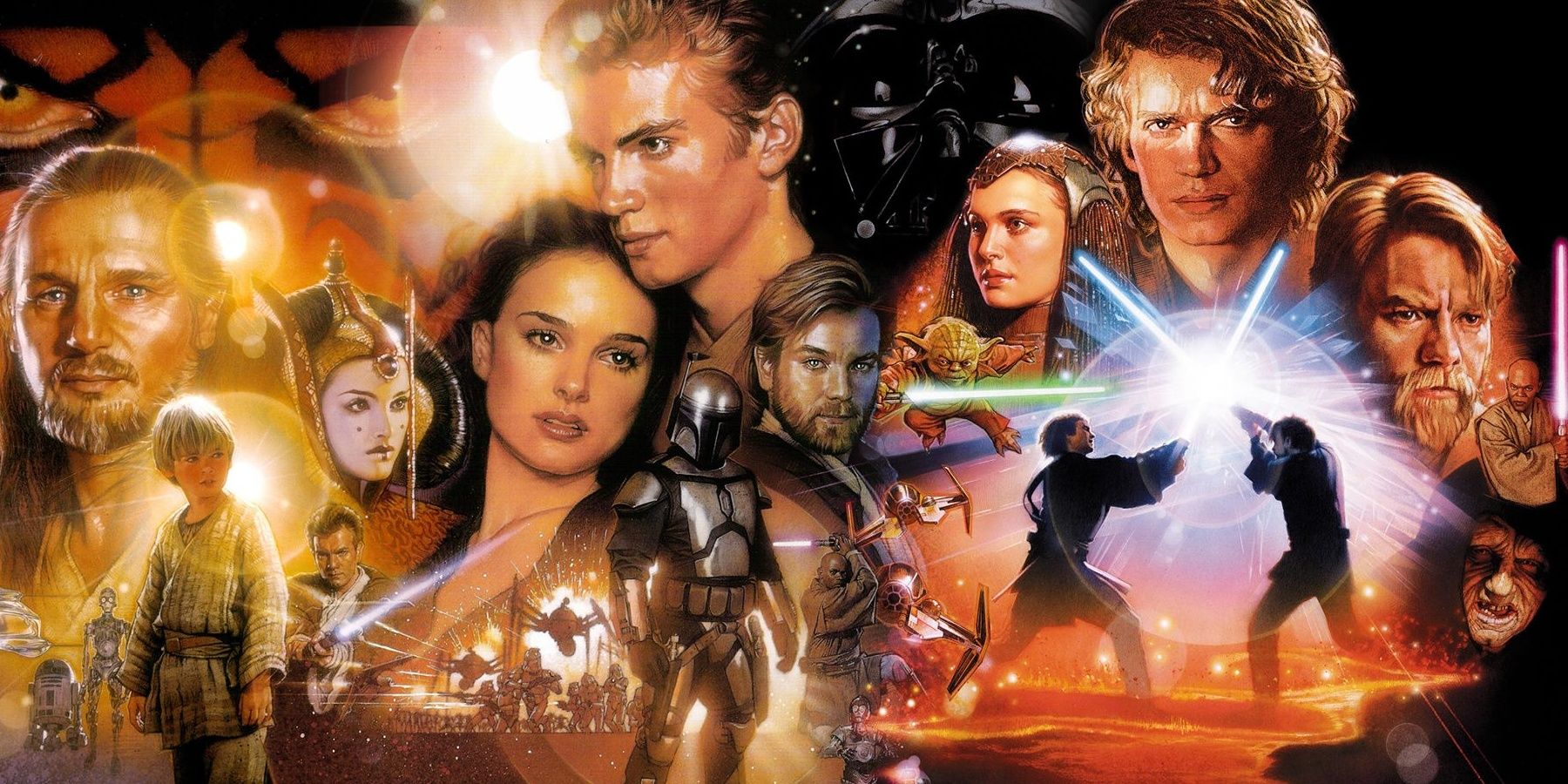 An amalgam of the cover arts for the Star Wars prequel trilogy