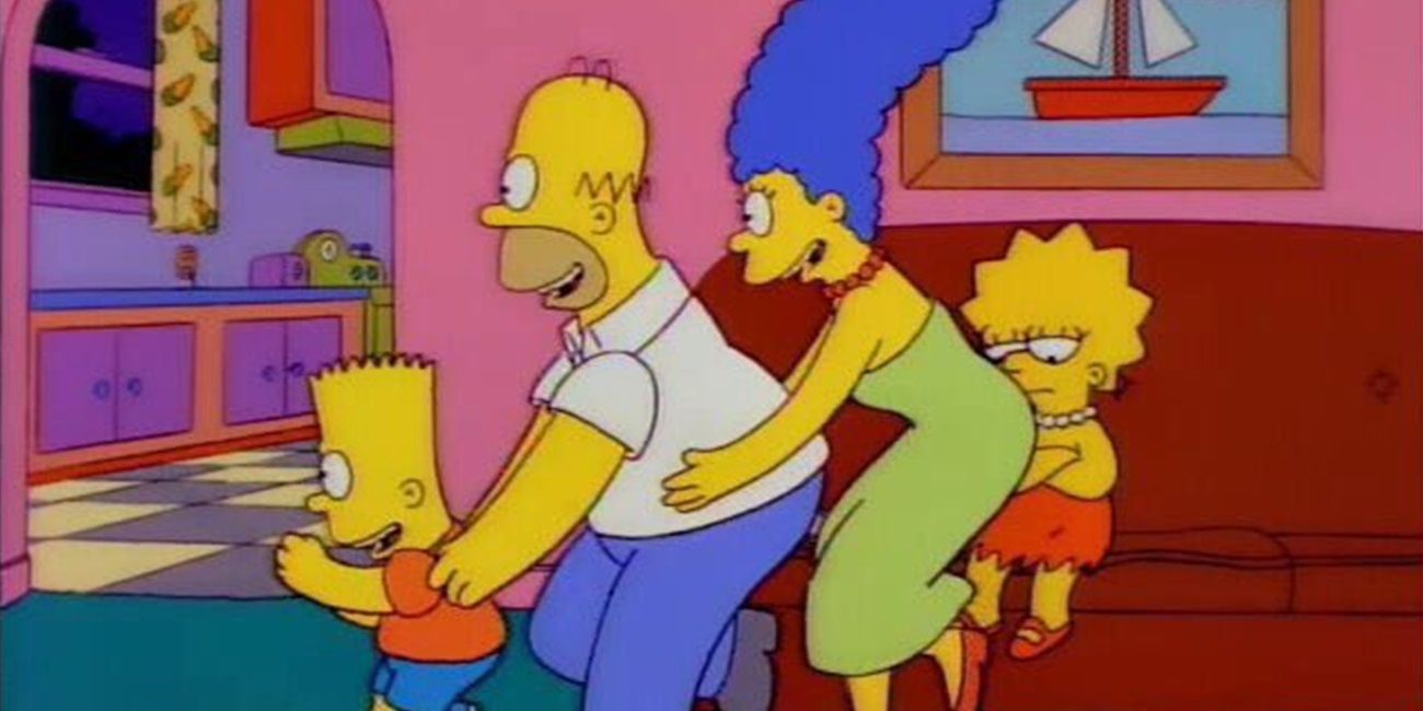 Bart, Homer, and Marge chant 'You don't win friends with salad' in The Simpsons