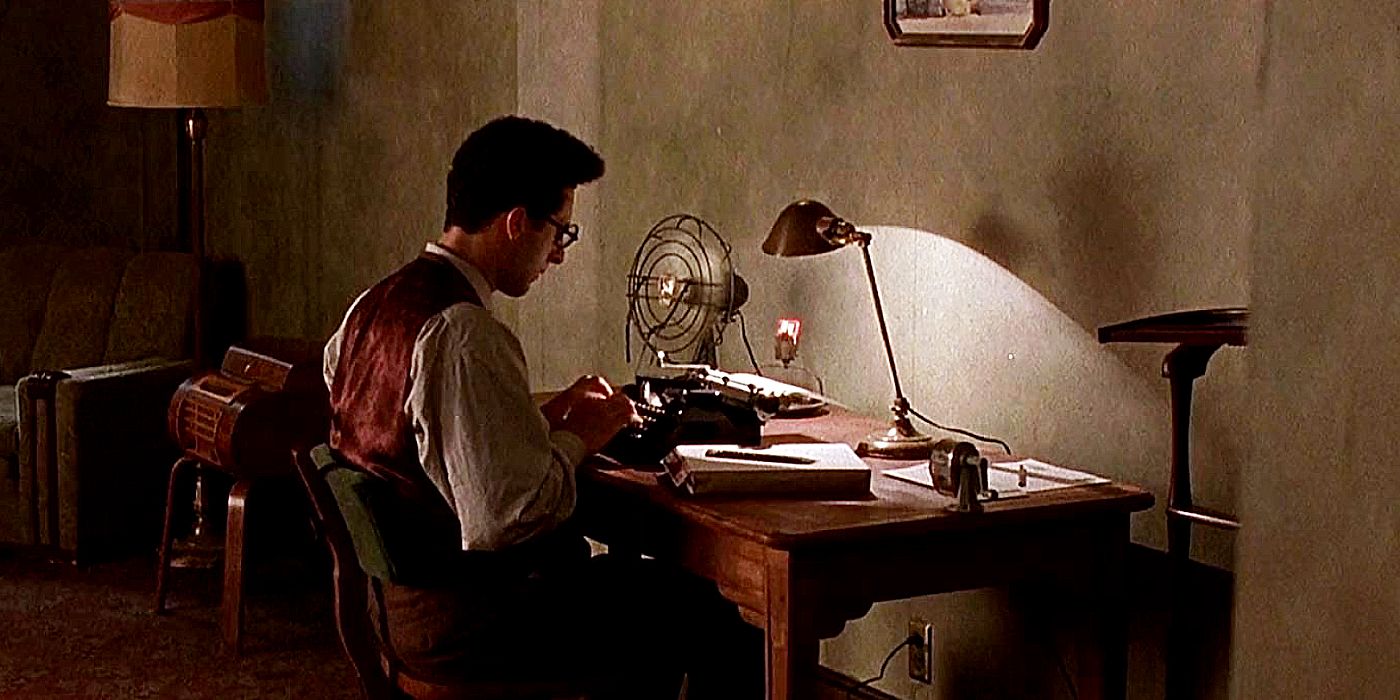 Barton Fink types at his desk in Barton Fink