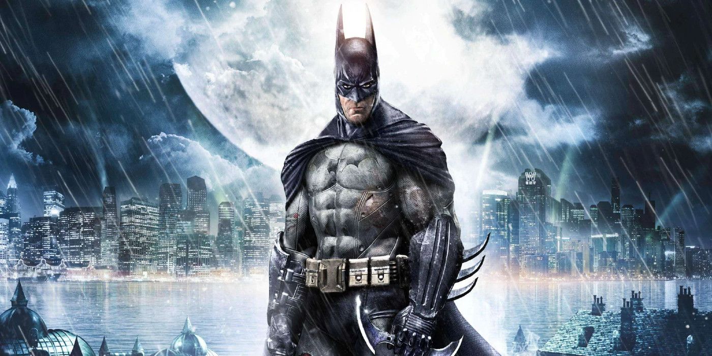 Batman from Arkham Asylum standing in front of Gotham City