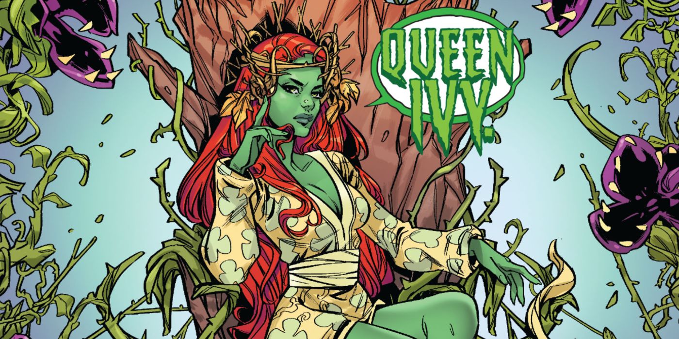 Batman villain Poison Ivy sitting in tree with crossed legs in a DC comic.