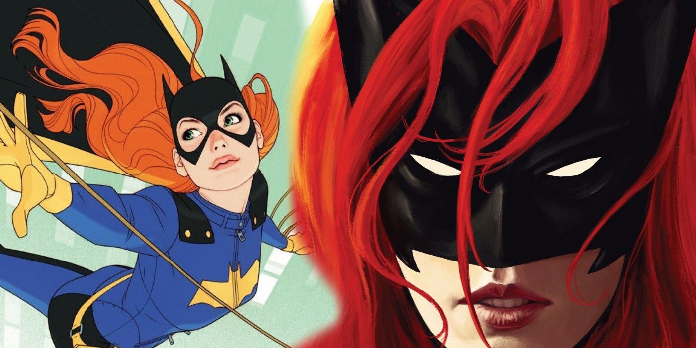 Comic book art: Batgirl in her purple Burnside costume next to a close up of Batwoman with bright red hair.
