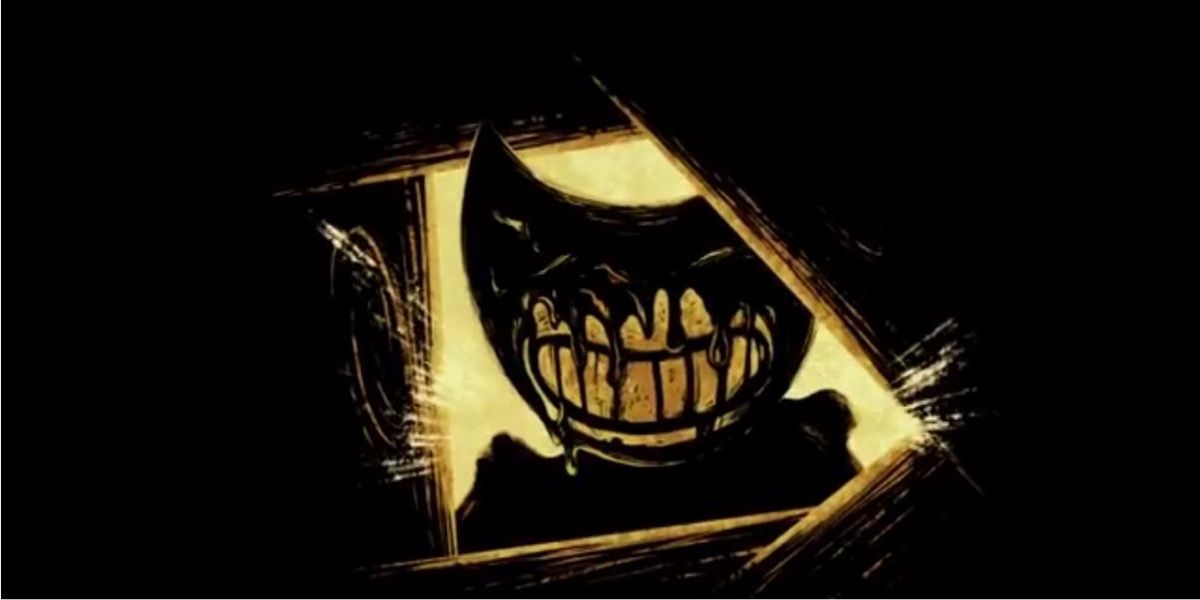 Dark Bendy smiling out through a hole in the wood