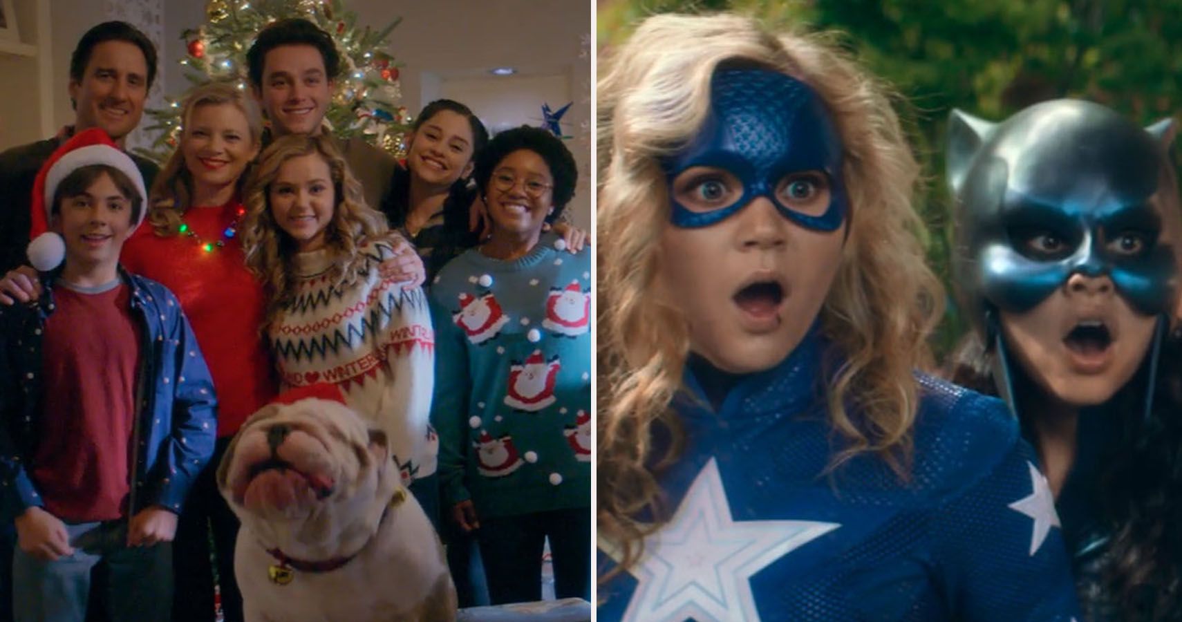 split image. Left side family photo of justice society, right side stargirl and wildcat.