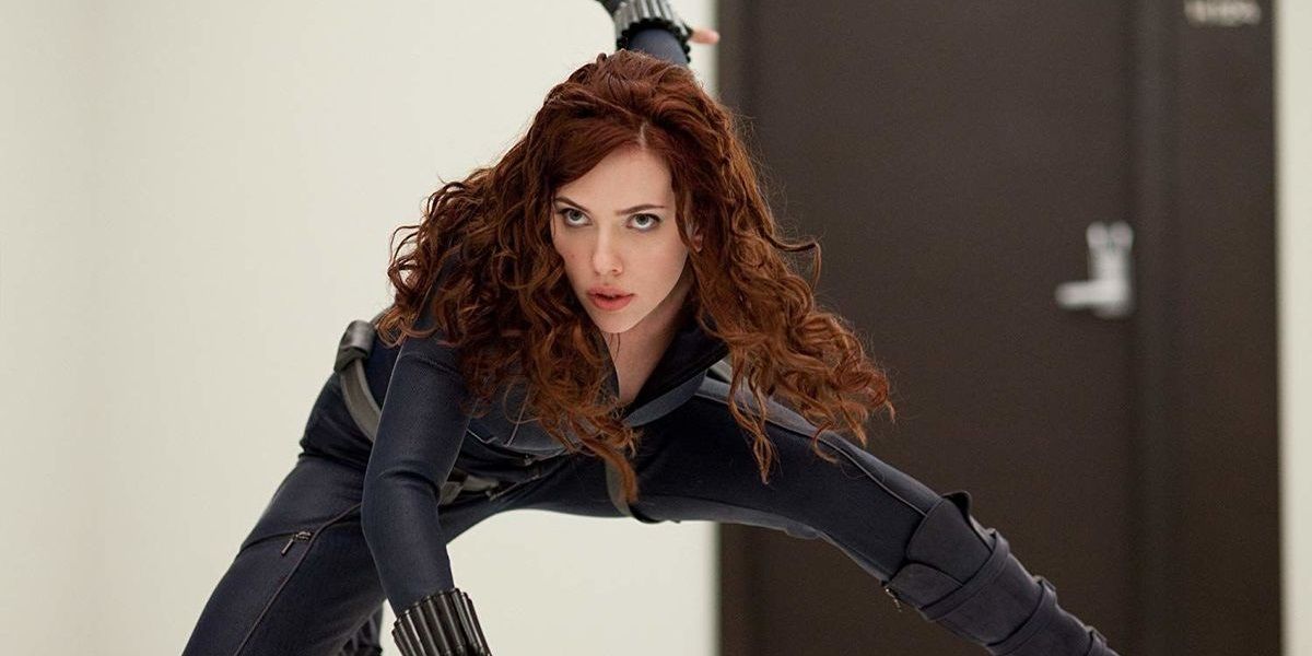 Black Widow striking a superhero pose in Iron Man 2