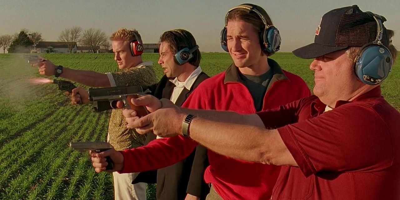 The crew of Bottle Rocket practicing with guns