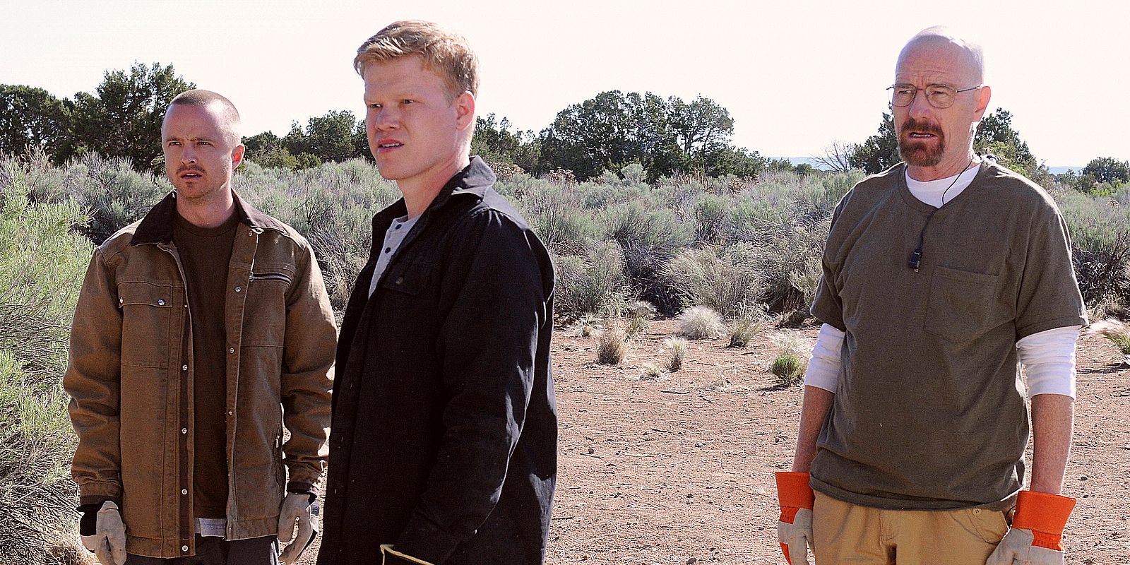 Jesse, Todd and Walt standing in desert Breaking Bad