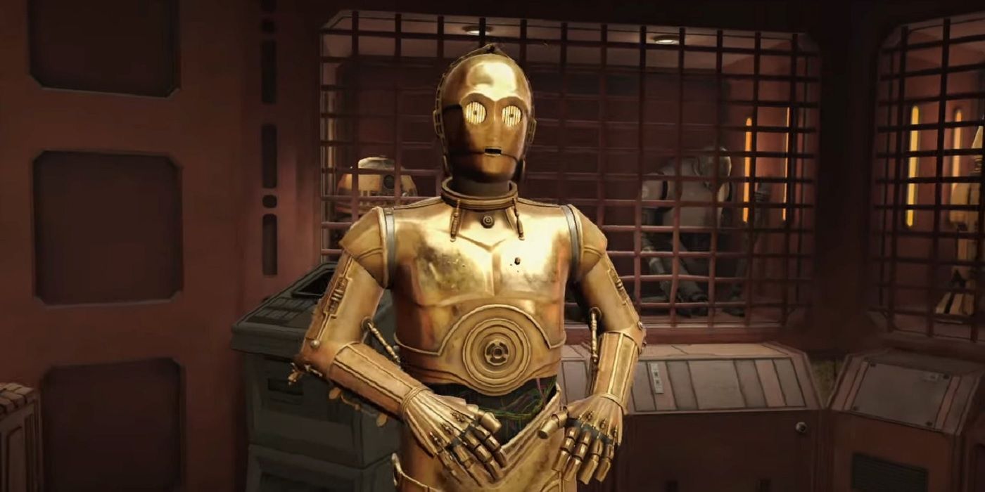 Cuplikan layar dari Star Wars: Tales from the Galaxy's Edge menampilkan C-3PO.