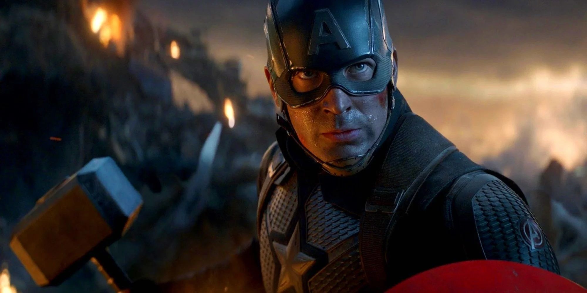 Captain America holds Thor's hammer in Avengers Endgame