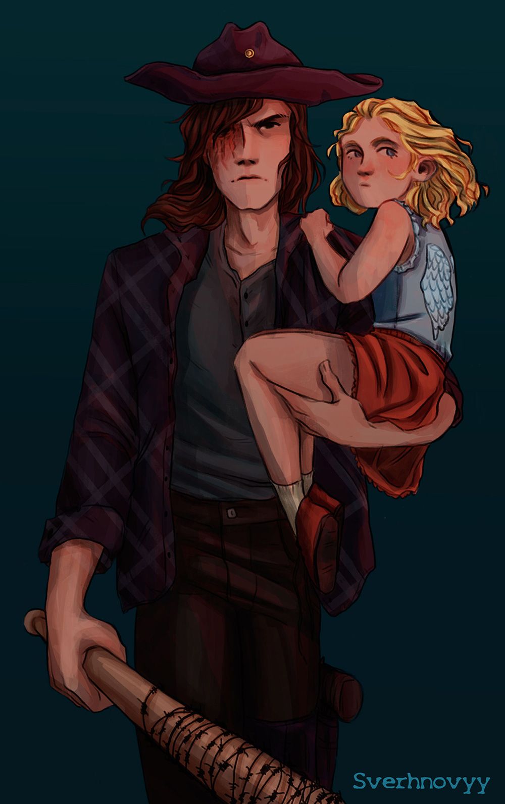 A menacing Carl holding a young Judith