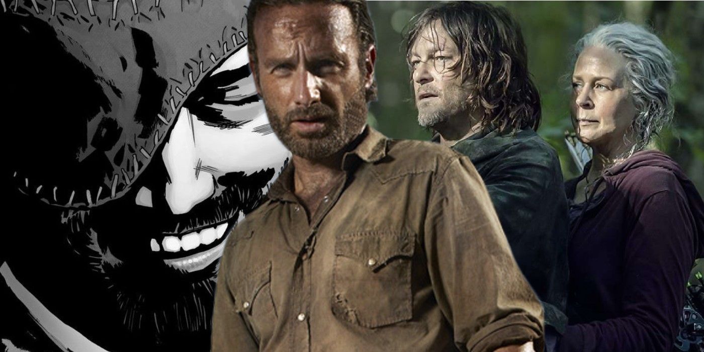 Carl in Walking Dead comics, Andrew Lincoln as Rick Grimes, Norman Reedus as Daryl Dixon and Melissa McBride as Carol Peletier