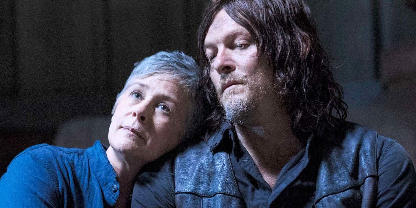 Carol leaning on Daryl in The Walking Dead