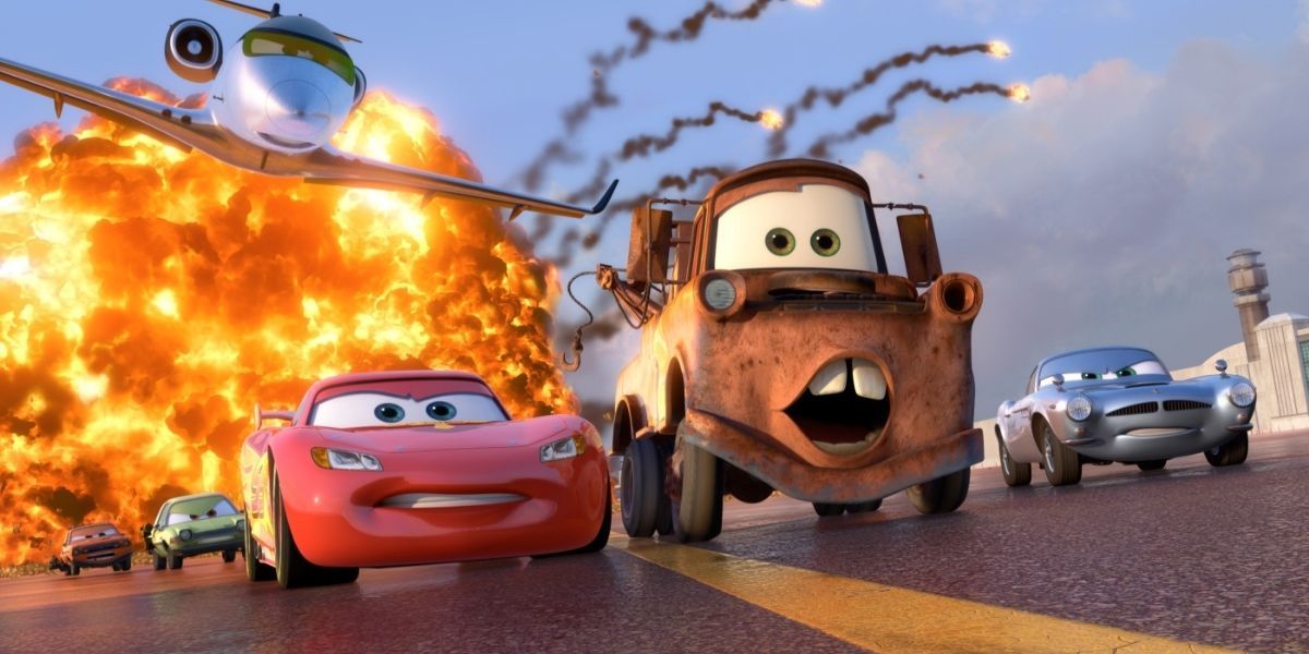 Lighting McQueen and Mater running from an explosion in Cars 2