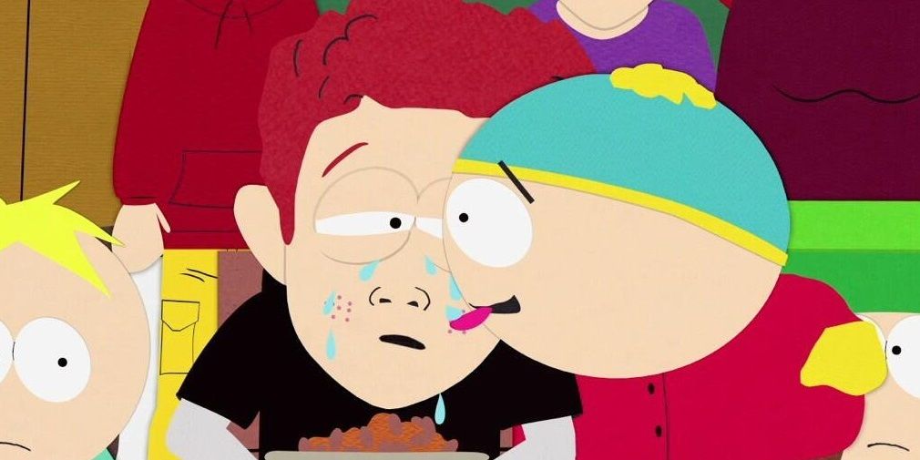 Cartman licks tears off Scott Tenorman's face in South Park.