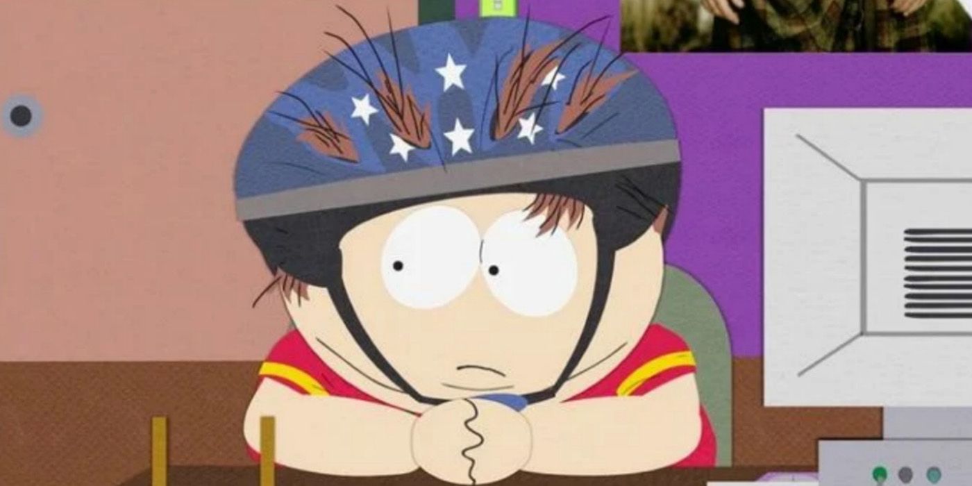 Cartman wearing a special Olympics helmet.