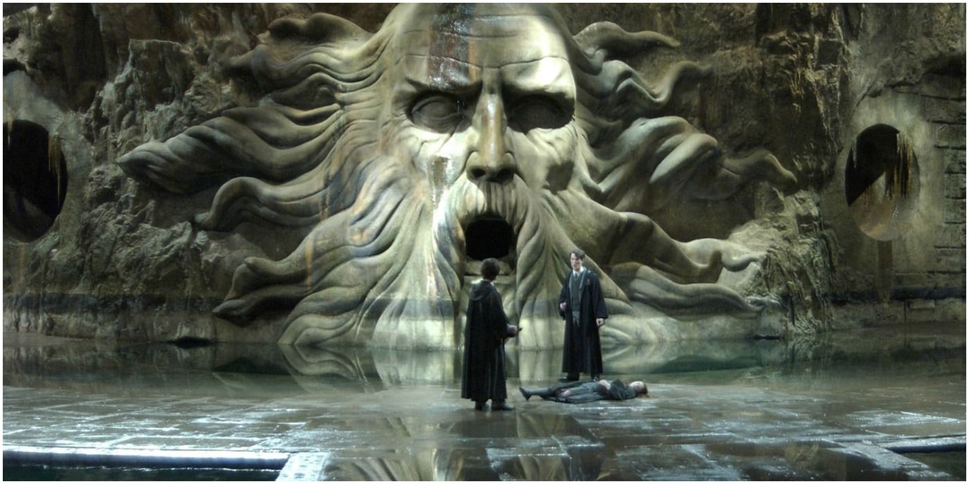 An image of Harry Potter and Tom Riddle in the Chamber of Secrets