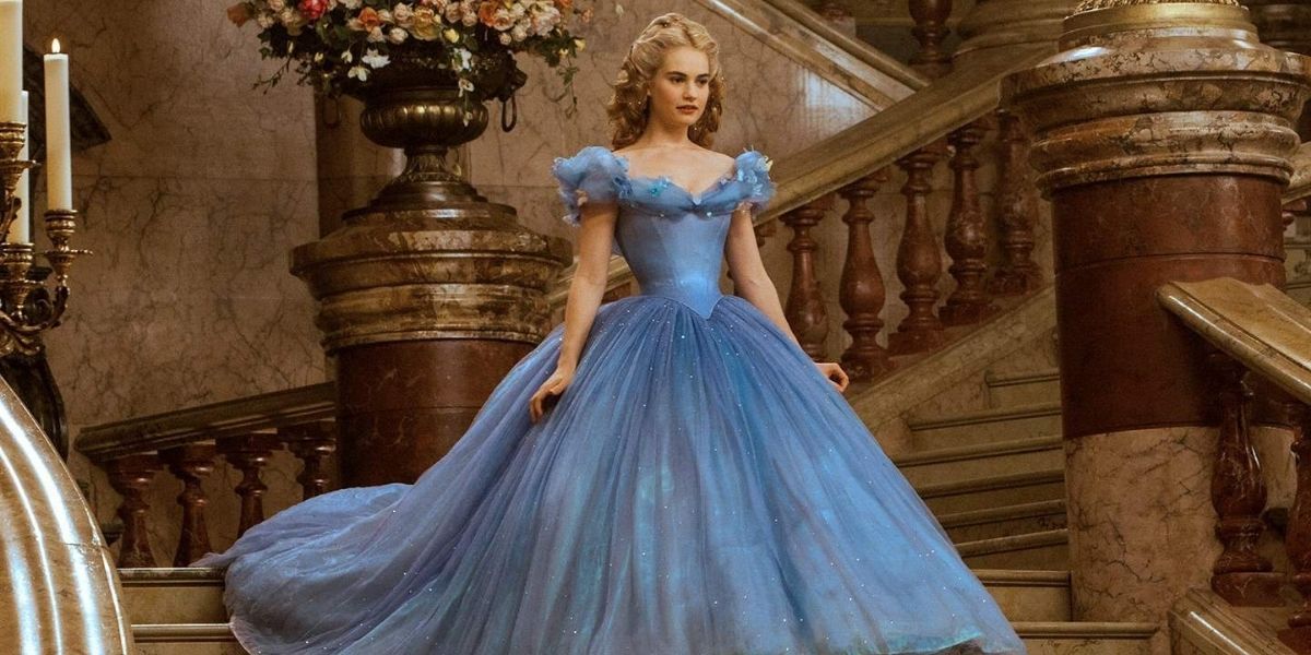 Lily James walks down the stairs in Cinderella (2015)