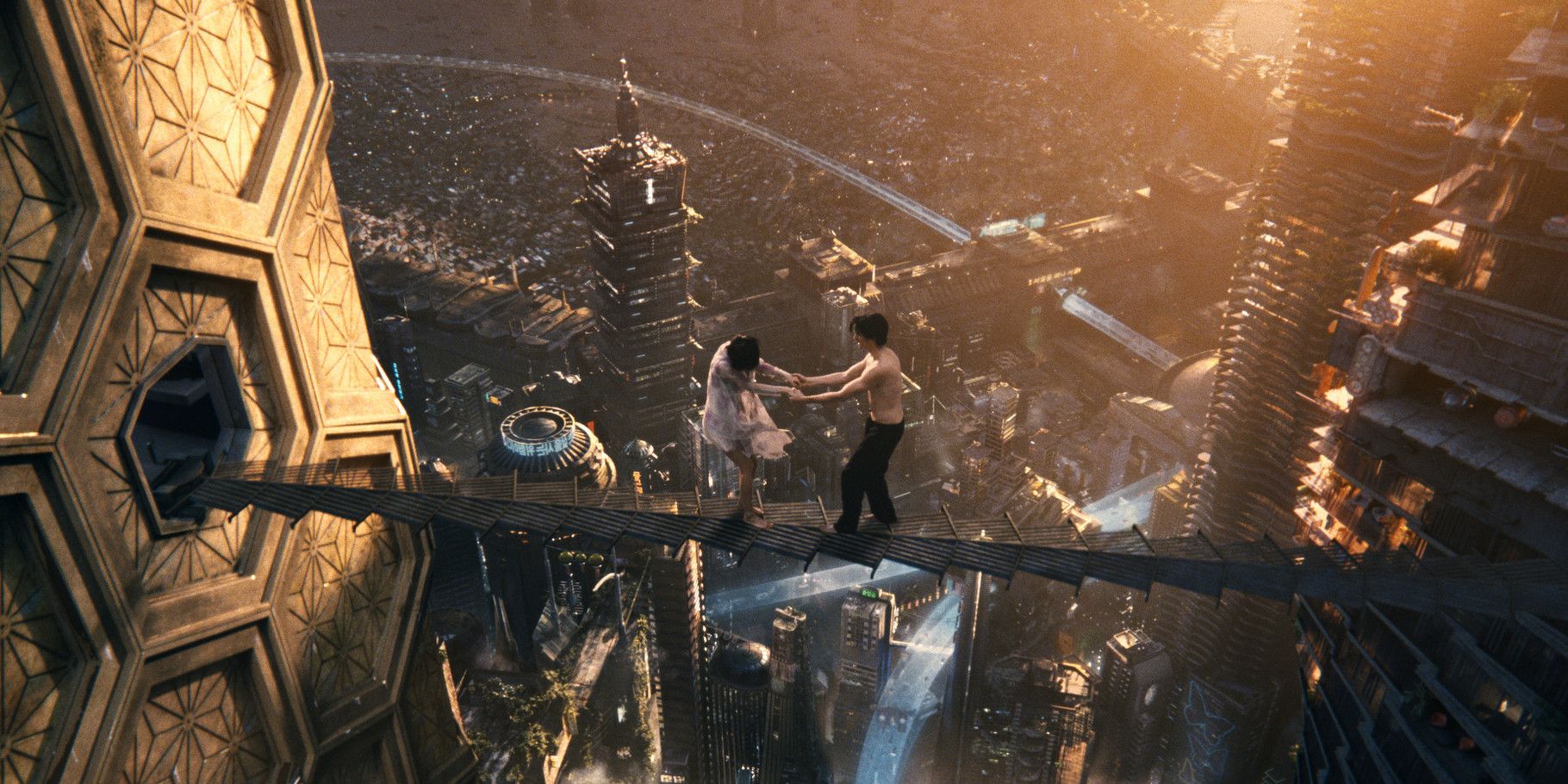 Two characters balancing on a thin bridge in the future in Cloud Atlas