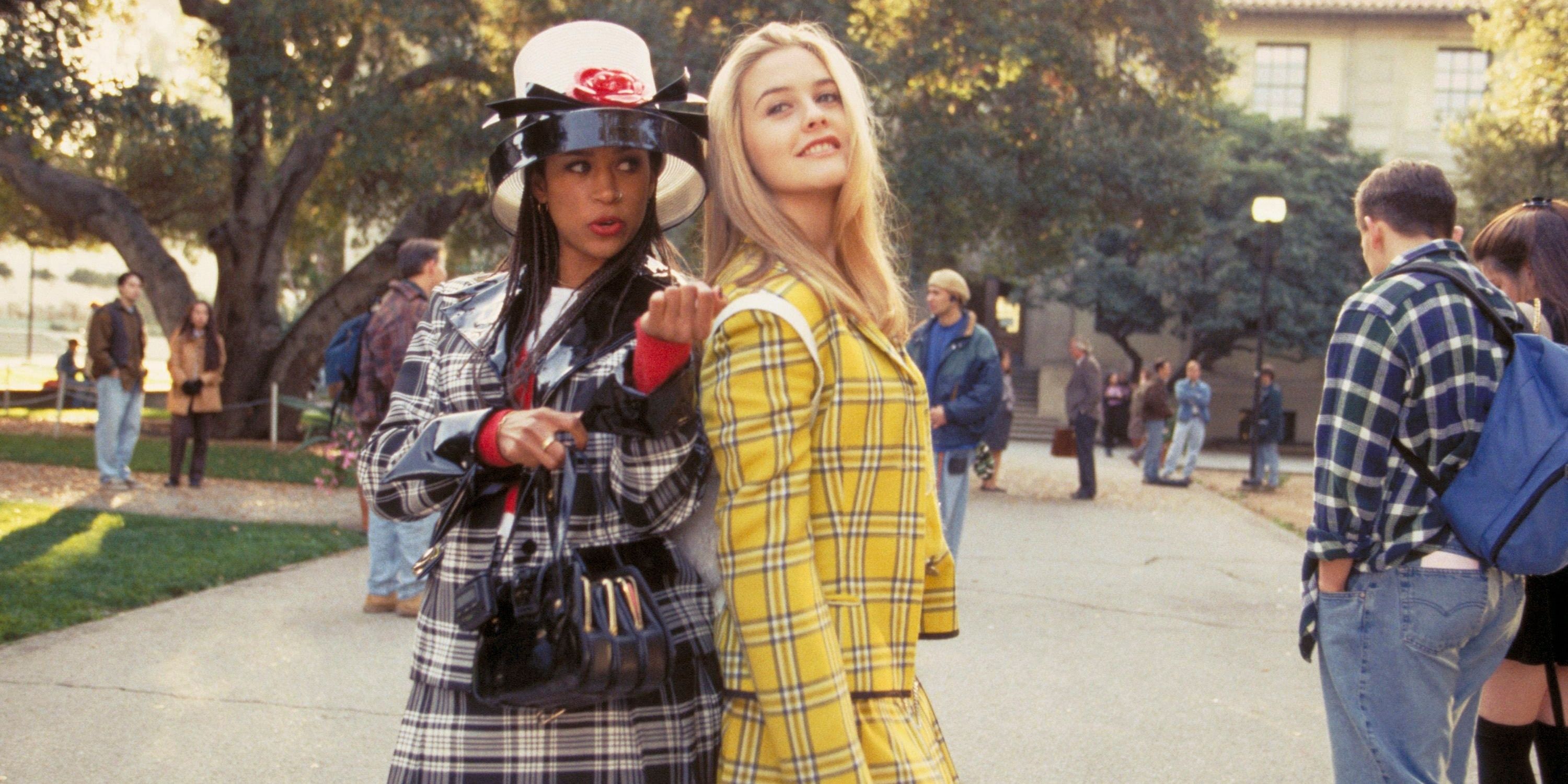 Cher (Alicia Silverstone) and Dionne (Stacey Nash) in their plaid suits in Clueless