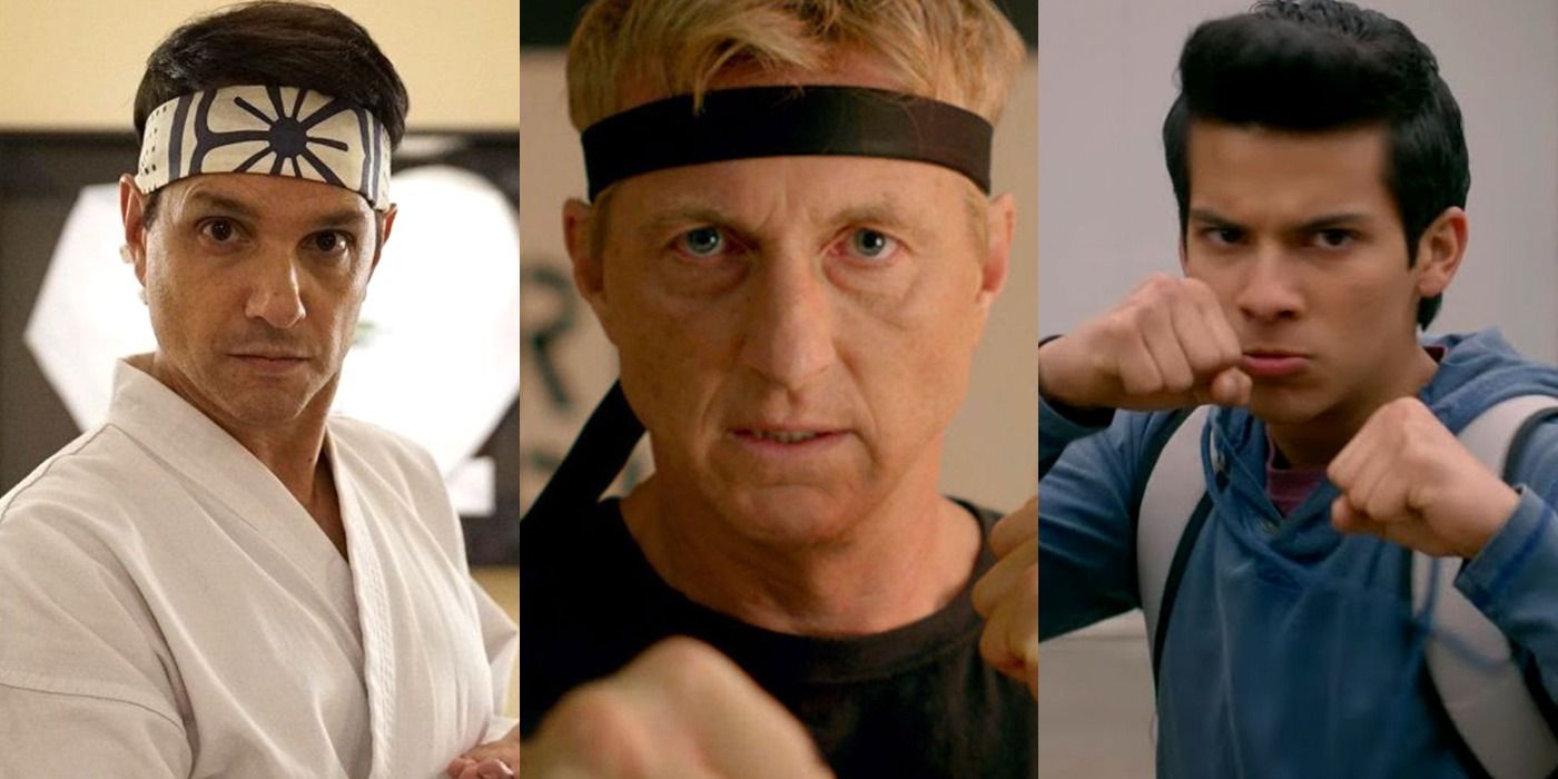 A split image depicts Daniel LaRusso, Johnny Lawrence, and Miguel Diaz in Cobra Kai