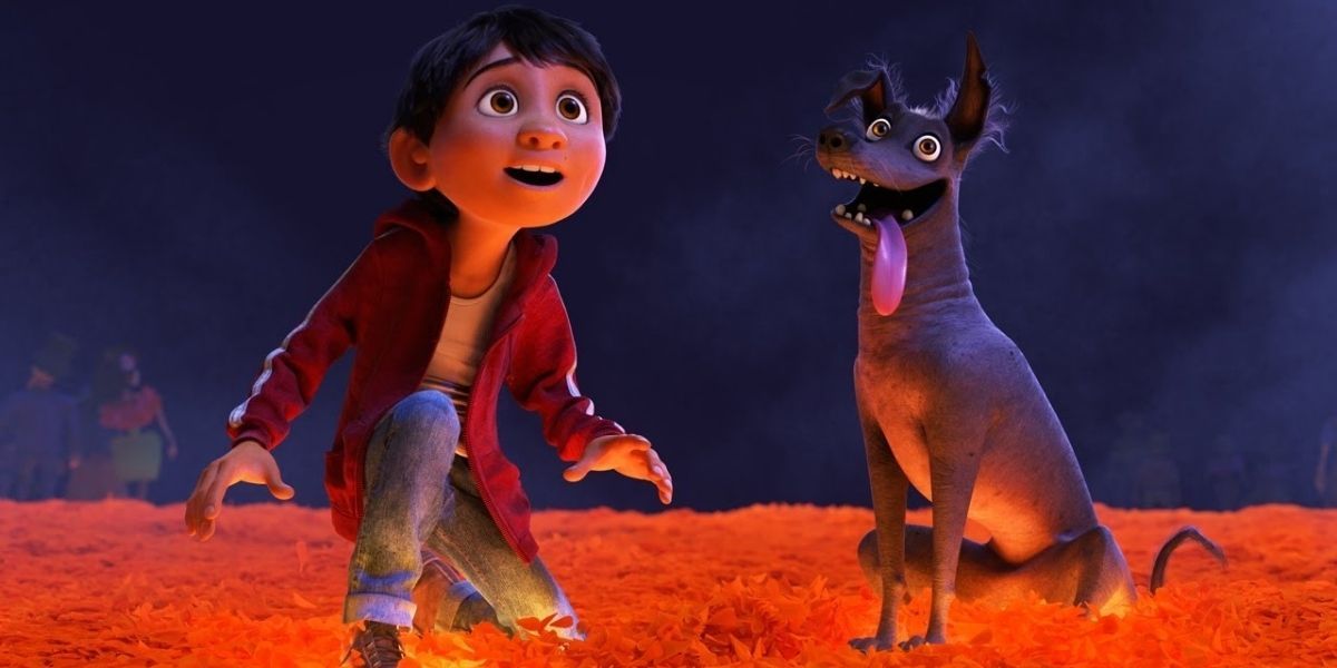 Miguel and Dante on the bridge to the land of the dead in Pixar's Coco