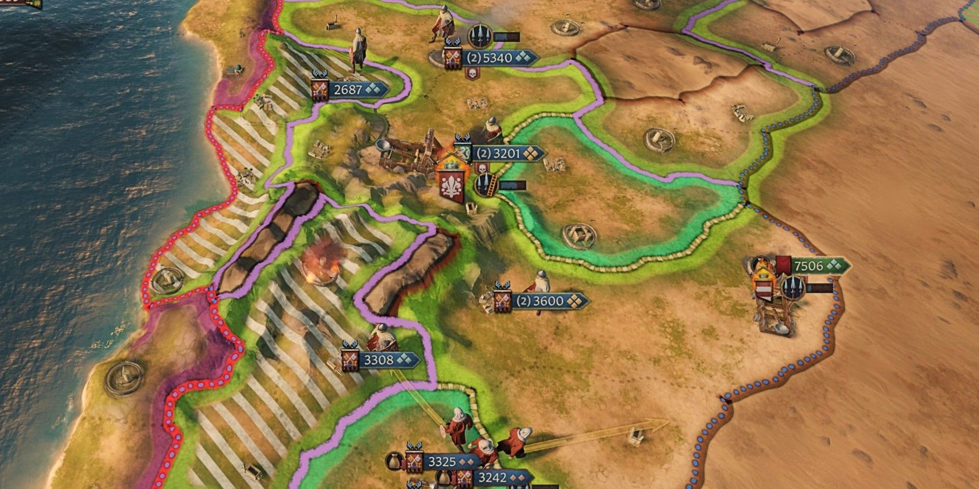 Rally Points with raised armies on the map in Crusader Kings 3