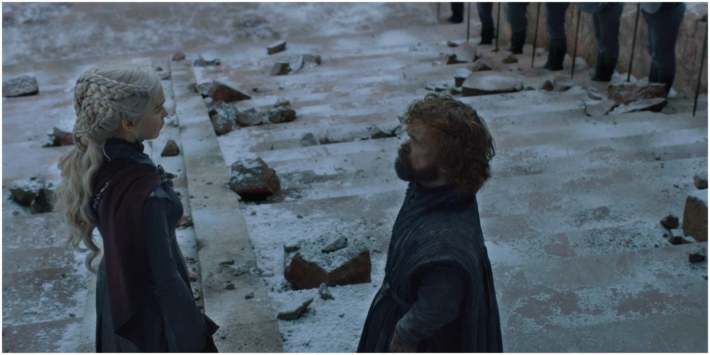 Tyrion Lannister resigns as Daenerys Targaryen's Hand, is arrested.