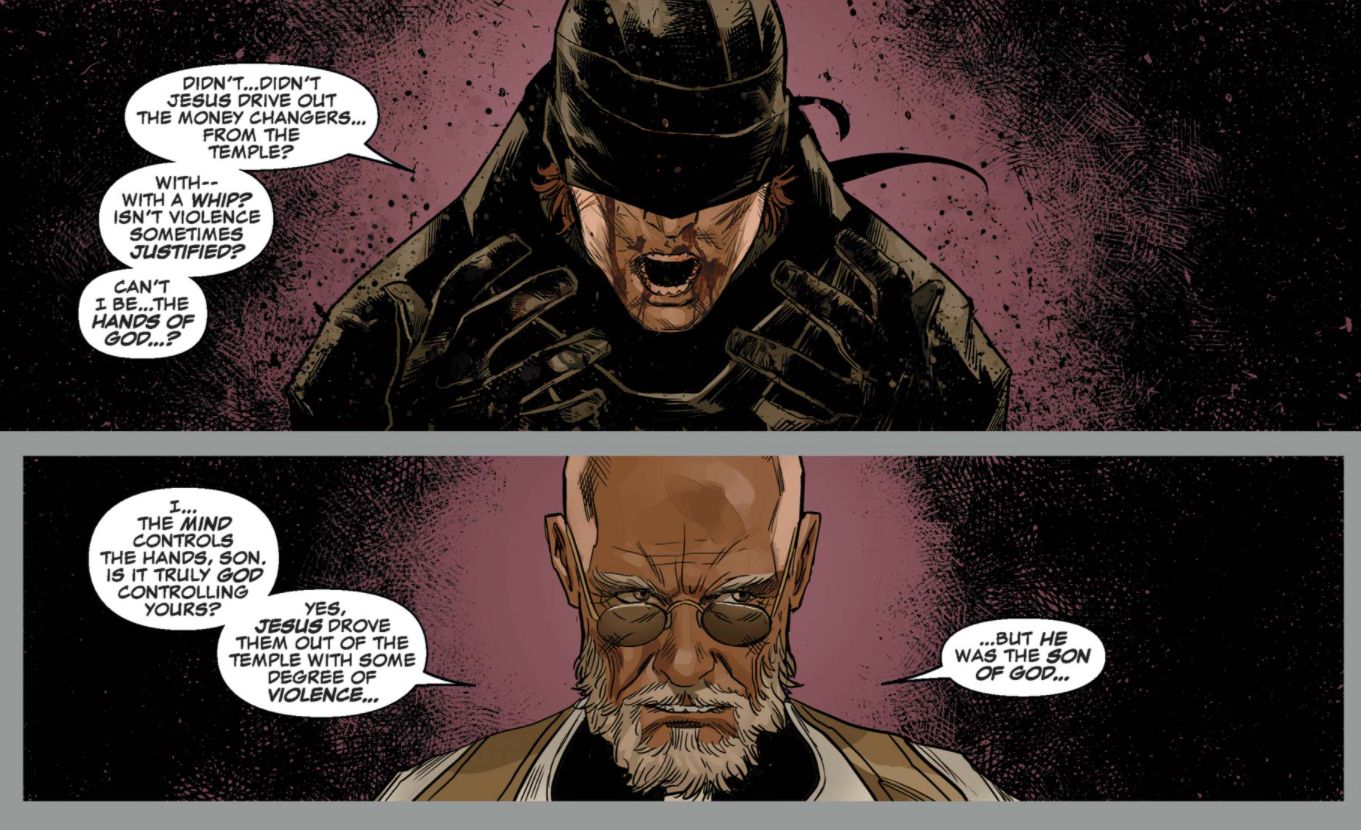 Daredevil talking to a priest in a comic. 