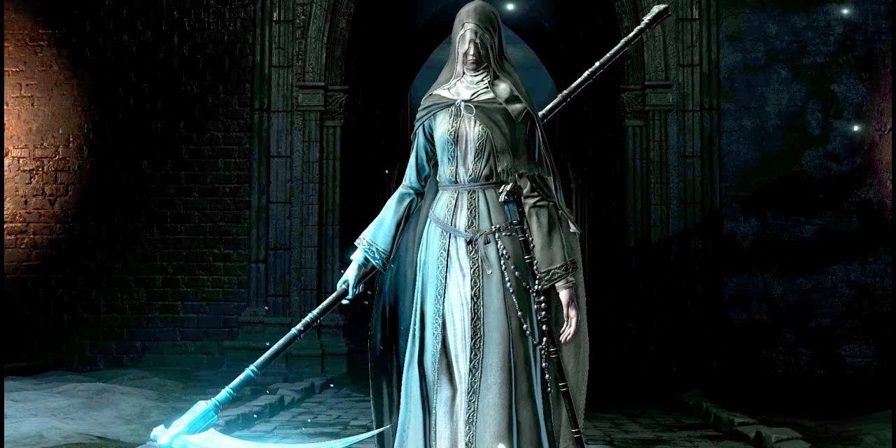 Sister Friede is holding her Scythe in Dark Souls 3.