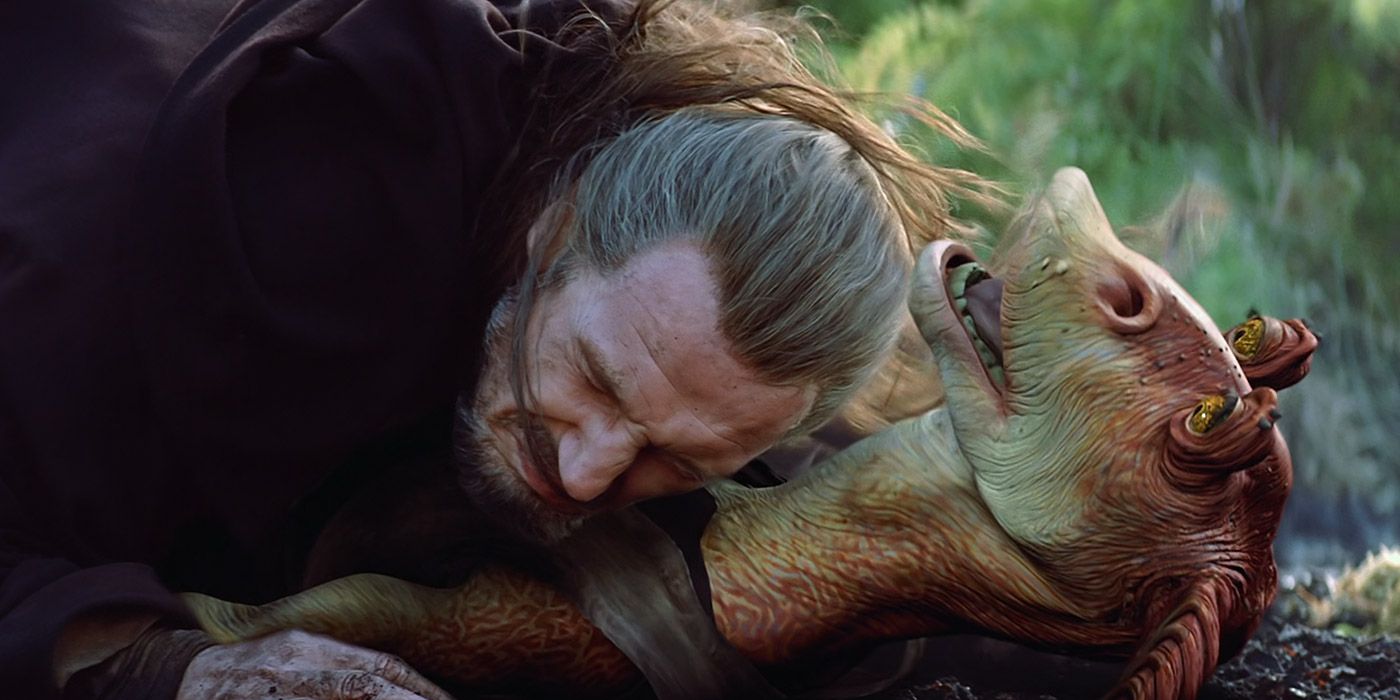 Qui-Gon Jinn and Jar Jar Binks fall down in the swamps of Naboo in Star Wars