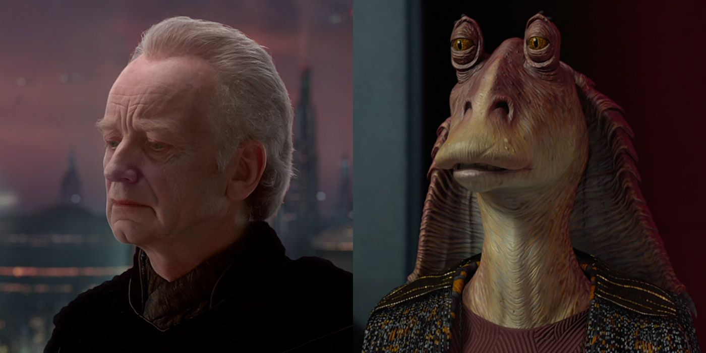 Split image of Chancellor Palpatine and Jar Jar Binks from Star Wars