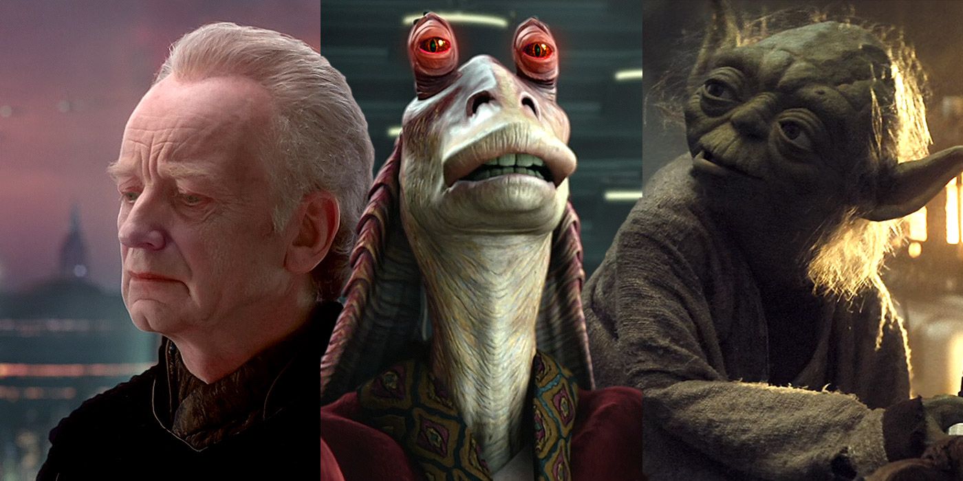 Split image of Chancellor Palpatine, Jar Jar Binks and Yoda from Star Wars