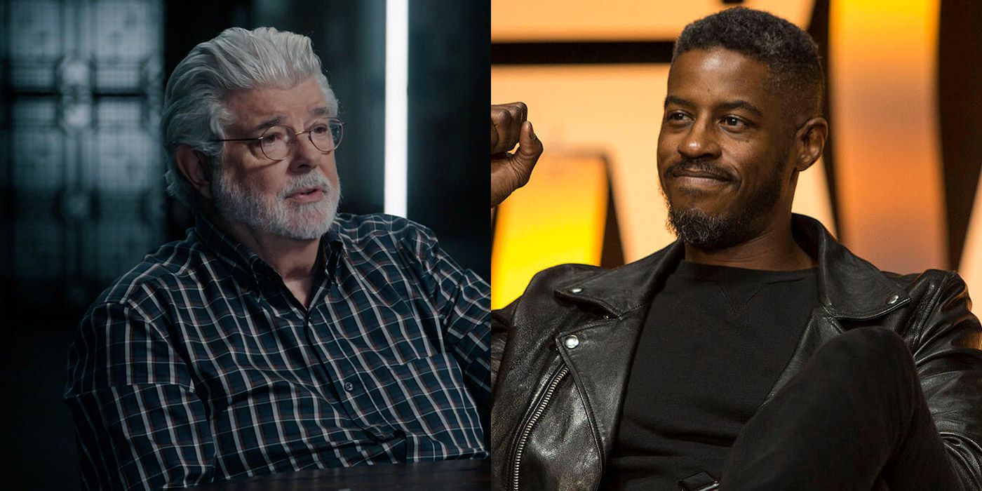 Split image of George Lucas and Ahmed Best from Star Wars