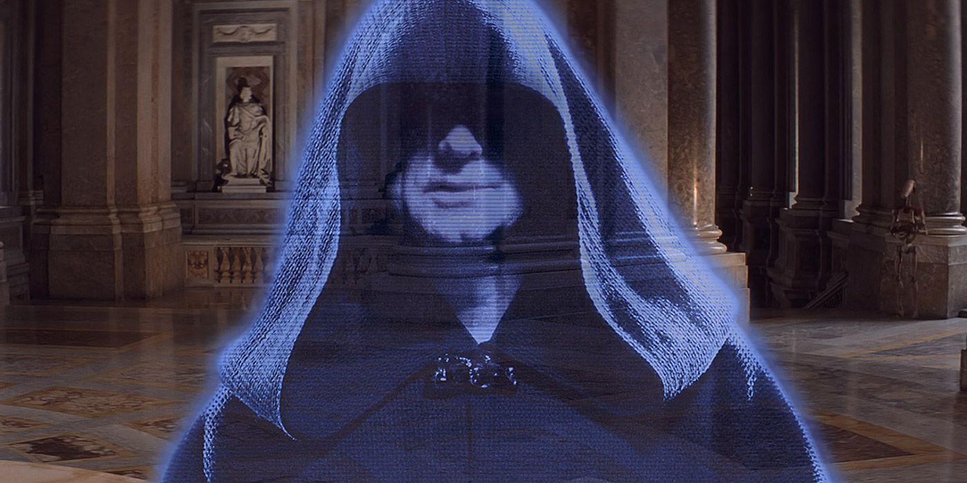 Darth Sidious speaks to the Trade Federation on Naboo in Star Wars