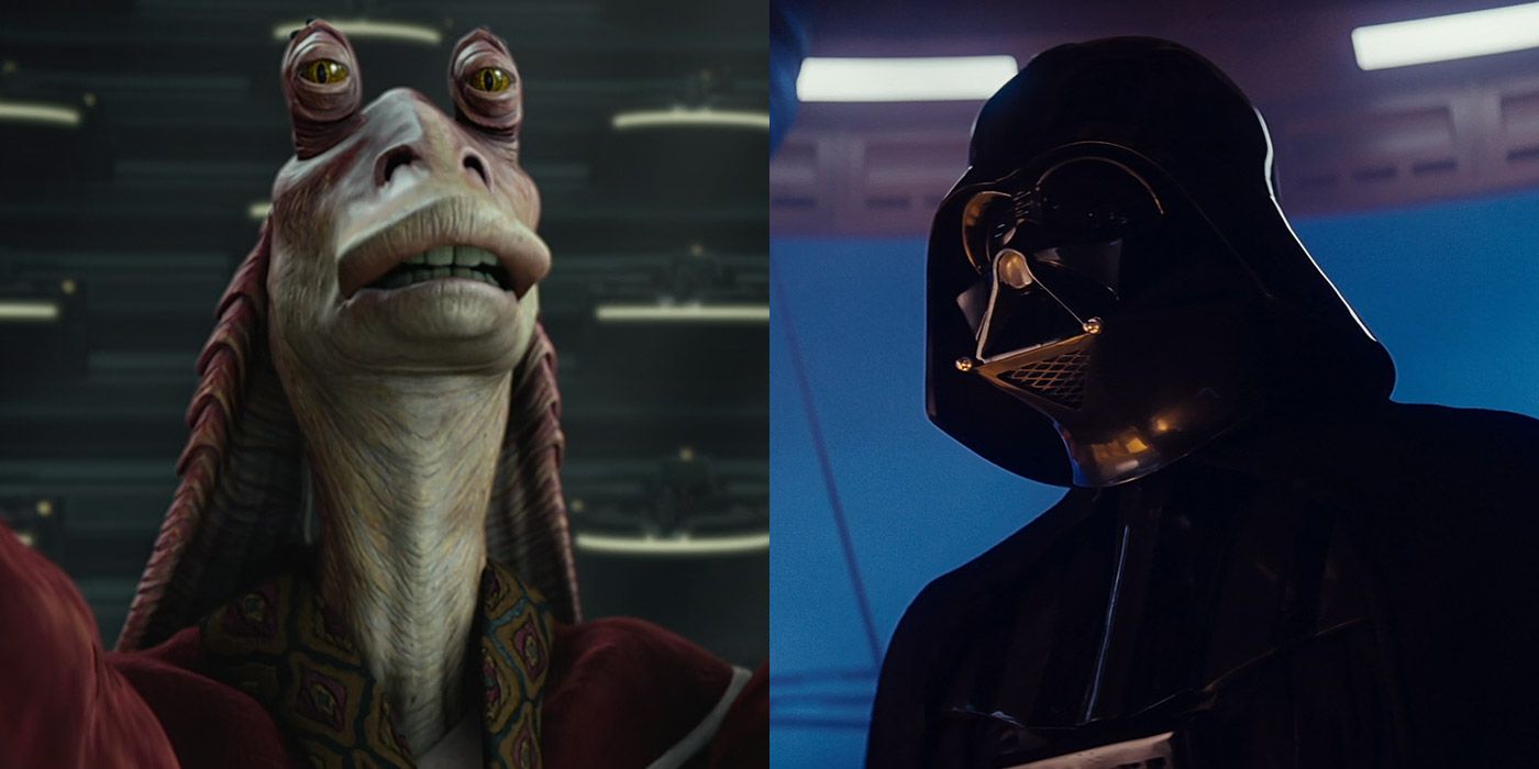 Split image of Jar Jar Binks and Darth Vader from Star Wars