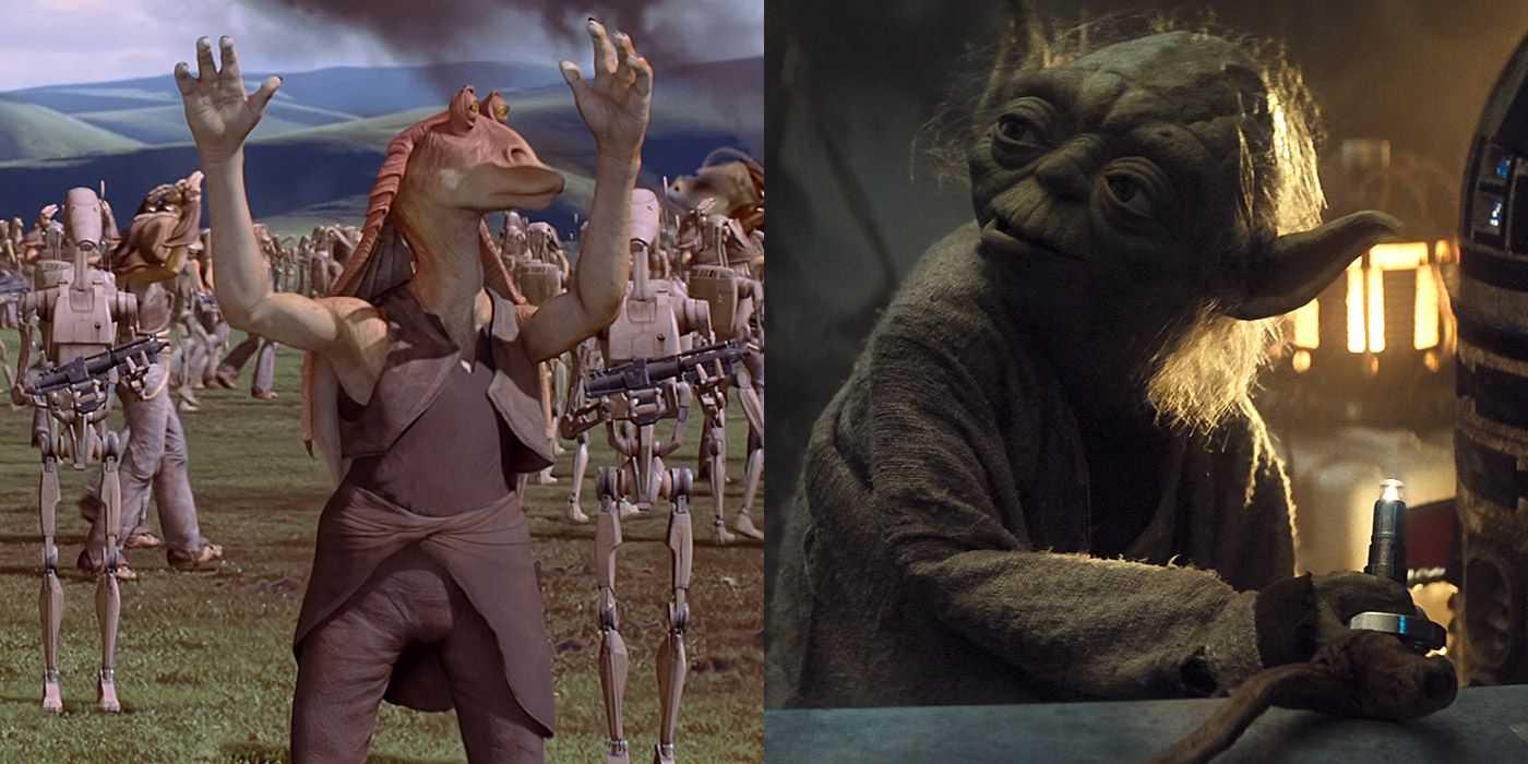 Split image of Jar Jar and Yoda from Star Wars